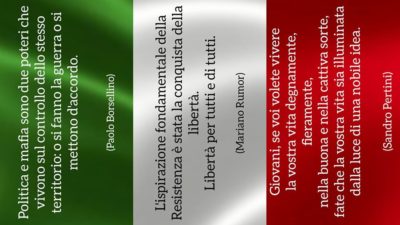 Festa della Liberazione - Immagine della bandiera italiana con frasi di Pertini, Rumor e Borsellino